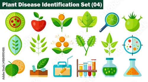 Set of various icons depicting plant diseases, laboratory tools, and natural elements, vector illustration.