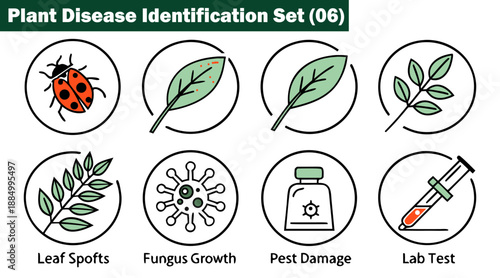 Plant disease identification icons showing symptoms, pests, and lab tests, vector illustration.