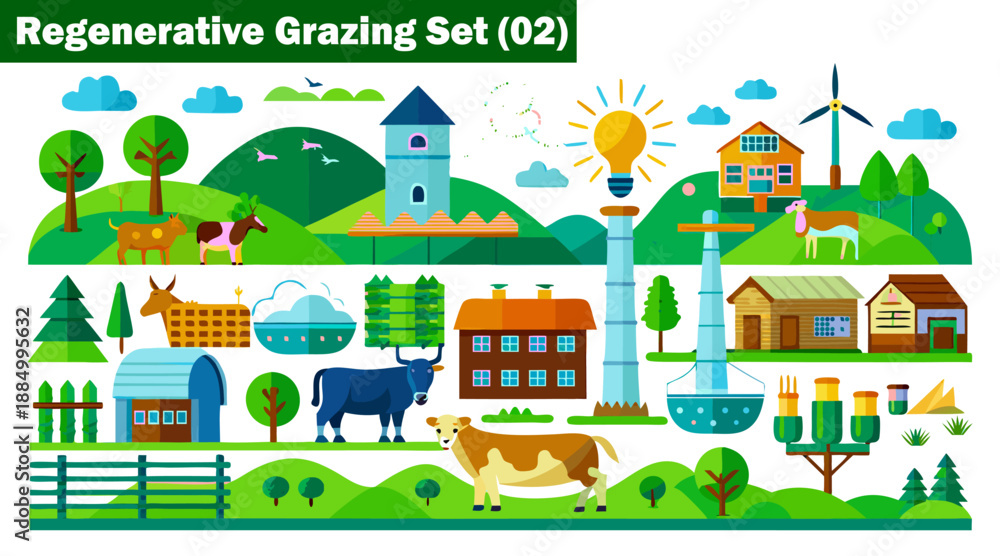 Naklejka premium Regenerative grazing farming icons featuring cattle structures and renewable energy vector illustration.