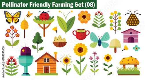 Pollinator-friendly farming set with butterflies, flowers ladybug and small houses elements vector illustration.