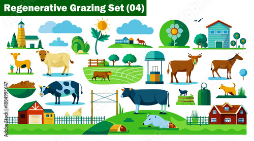 Regenerative grazing set. Vibrant icons depicting farm life elements vector illustration.