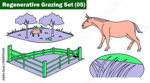 Regenerative grazing set. Isometric objects showing farm features vector illustration.