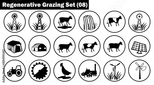 Regenerative grazing icons set for sustainable livestock farming and agriculture vector illustration.