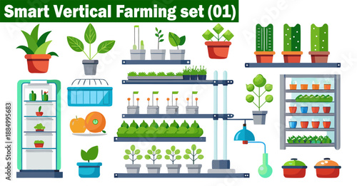 Smart vertical farming set for indoor hydroponic gardening and urban agriculture vector illustration.