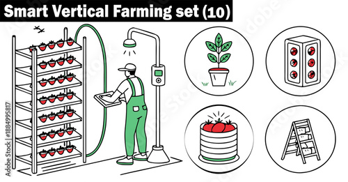 Smart vertical farming set with person monitoring plants' growth vector illustration.
