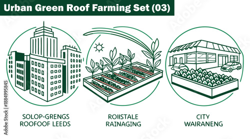 Green roof farming city concept with buildings and plants vector illustration.