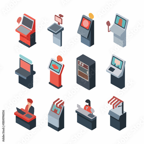 Isometric self service digital kiosk icons vector set for retail and ordering systems