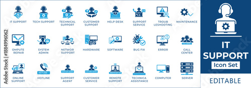 IT support and technical assistance icon set featuring help desk, computer repair, system admin, network support, hardware maintenance, bug fix, and remote assistance symbols.