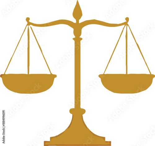 A golden 3D vector illustration of the scales of justice symbolizes legal balance and equality as a brass instrument used in court to weigh law and crime