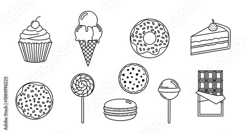 Assorted Desserts and Sweets Line Art Illustrations.
