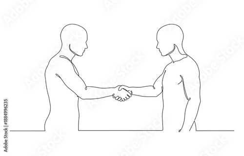 Two businessmen shake hands one line vector illustration.