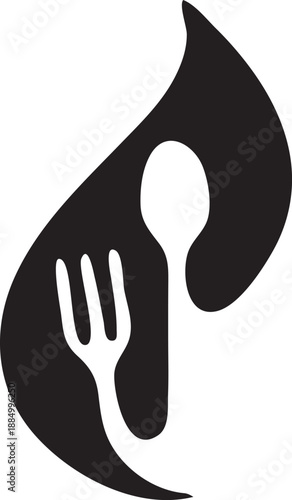 Black and white vector illustration of a spoon and fork restaurant menu icon featuring a human footprint silhouette and barefoot track sign design