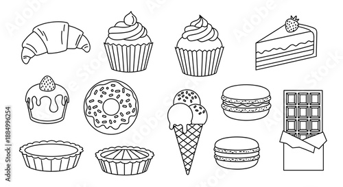 Assorted Desserts and Pastries Line Drawings.