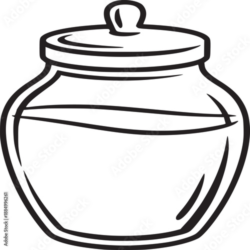 Illustration of a jar with a lid and liquid inside in black and white on a white background
