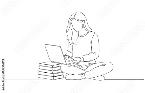 Continuous one line drawing of a woman with laptop and books.