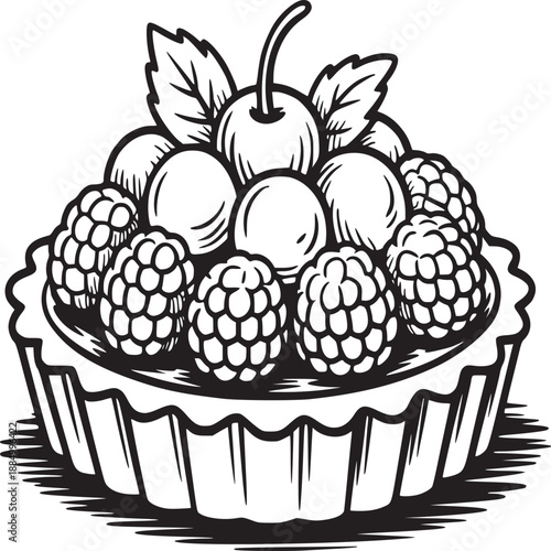 Illustration of a berry tart with cherries and raspberries in black and white line art style design