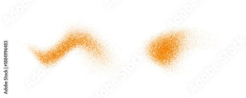 Orange spices powder splashes. Cumin and curry flakes scattered on surface. Flying masala seasoning particles burst. Dust sand and dirt textured piles. Dry spicy explosion. Vector illustration