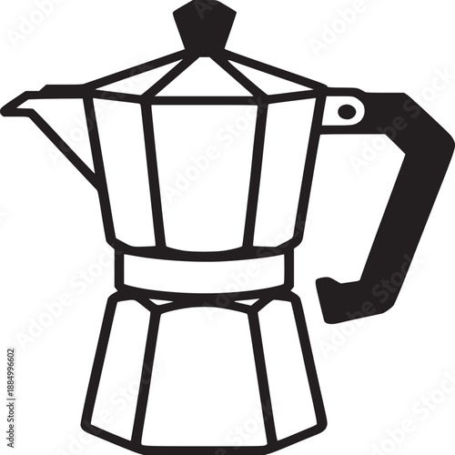 A simple black and white line drawing of a moka pot coffee maker on a white gradient background