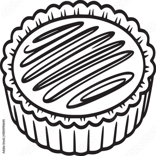 A simple black and white illustration of a pie with a decorative crust and filling design on top
