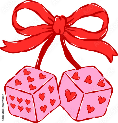 Whimsical Coquette Two Pink Dices Cherries with Red Ribbon Bow Valentine Hand Drawn Playful 
