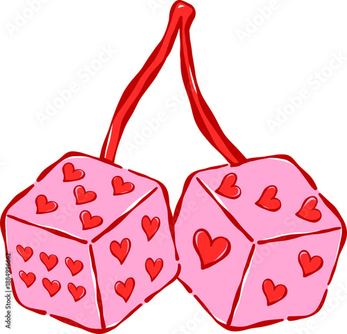 Whimsical Coquette Two Pink Dices Cherries  Valentine Hand Drawn 