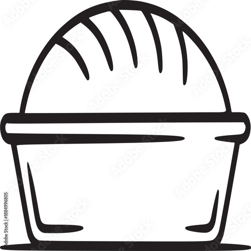 A loaf of bread in a baking pan with visible slices on top in a black and white outline drawing