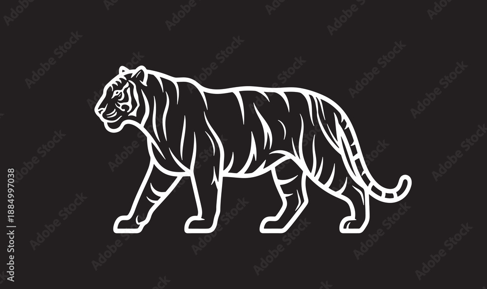 Obraz premium White Line Art Tiger Illustration, Minimalist Big Cat Vector on Black Background