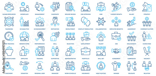 Human Resource icon set. Containing workplace, management, employee, recruitment, job interview, hire, skill, company culture, strategy, teamwork, HR management icon. Outline Color style
