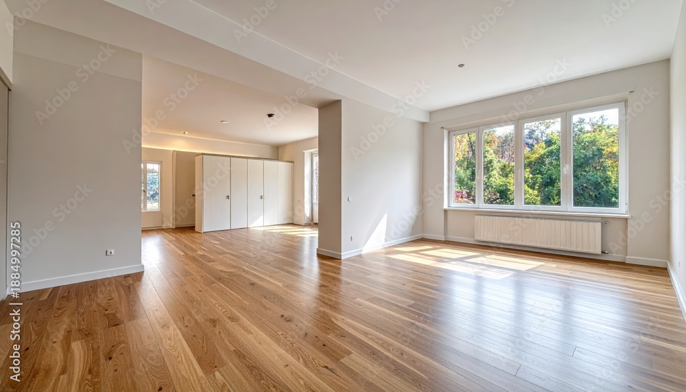 Fototapeta premium Sunlit modern living room featuring large windows, hardwood floors, and minimalist design in a bright, open space.
