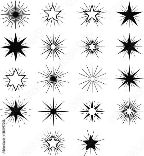 Hand-drawn starburst shapes grid, black geometric burst icons for abstract design, pattern recognition, visual comparison, decoration