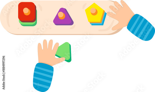 Toddler hands playing with wooden shape sorter toy, learning geometry and colors, early childhood education concept