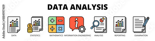 Data analysis web banner icon vector illustration concept for data insights with icon of data, statistics, mathematics, information engineering, analysis, reporting, and examination.