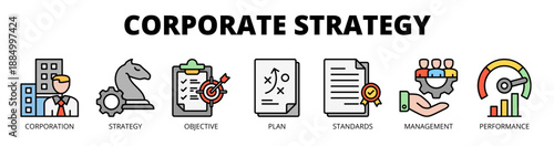 Corporate strategy web banner icon vector illustration concept for organizational planning with icon of corporation, strategy, objective, plan, standards, management, and performance.