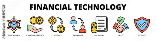 Financial technology web banner icon vector illustration concept for digital finance with icon of blockchain, cryptocurrency, currency, exchange, financial, trust, and security.