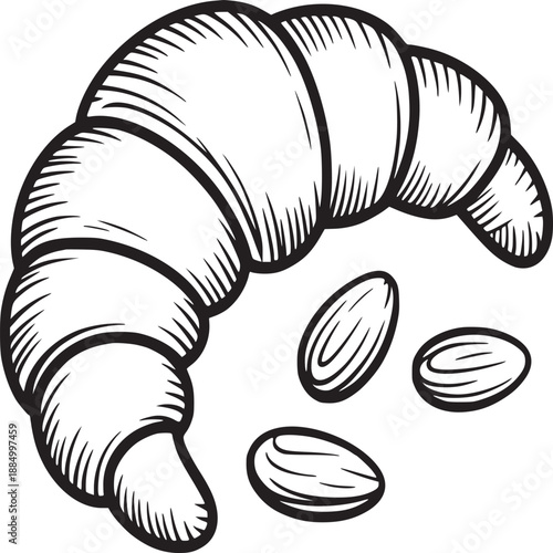 A black and white line art illustration of a croissant with three almonds on a white background