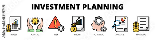 Investment planning web banner icon vector illustration concept for financial growth with icon of investment, capital, risk, profit, potential, analysis, and financial.