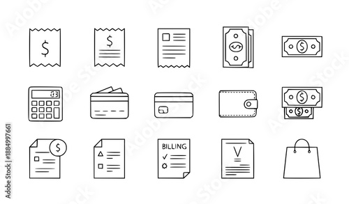 Thin line vector receipt and bill icon set with money, invoice, calculator, and payment symbols
