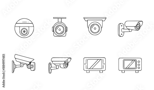 Thin line vector surveillance camera and CCTV icon set with wall, ceiling, and security system symbols