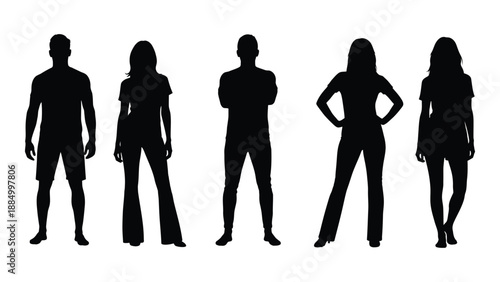 Silhouettes of five people isolated on white background, Vector