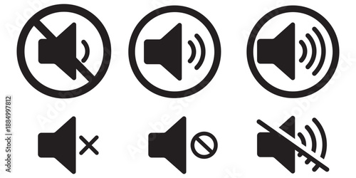 No speaker sound or keep silence red circle sign and green allowed vector icons, featuring mute and unmute volume button symbols, volume allow and prohibit signs