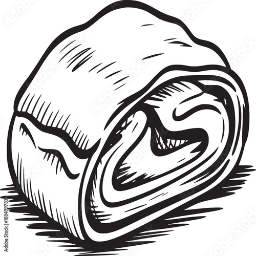 A black and white drawing of a pastry roll with visible layers and shading details on a white background