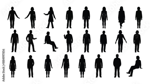 Collection of human silhouettes in various poses isolated on white background, Vector