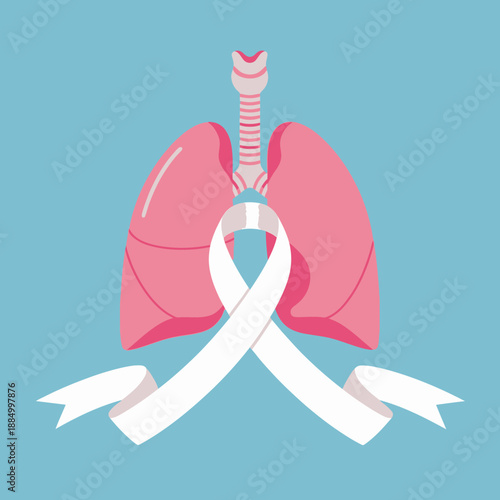 Pink Lungs with White Awareness Ribbon on Blue Background