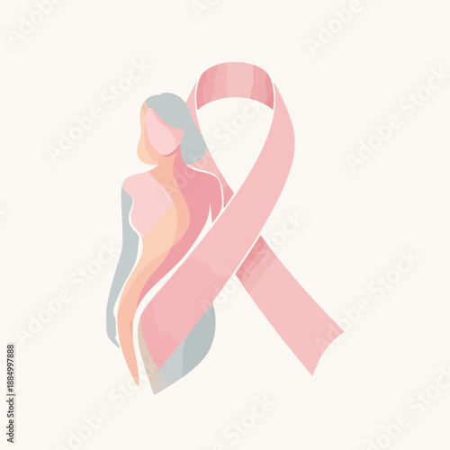 Pink Ribbon With Abstract Woman Silhouette - Breast Cancer Awareness Symbol
