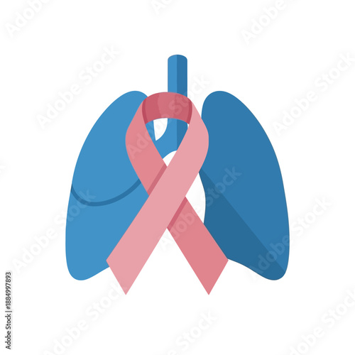 Pink Ribbon on Lungs Illustration - Lung Cancer Awareness and Health Concept