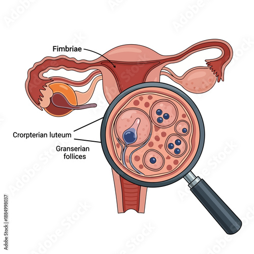 Female Reproductive System Anatomy with Magnified Ovary Follicles and Corpus Luteum