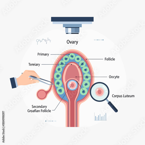 Ovary Follicle Development and Oocyte Retrieval Diagram with Microscope