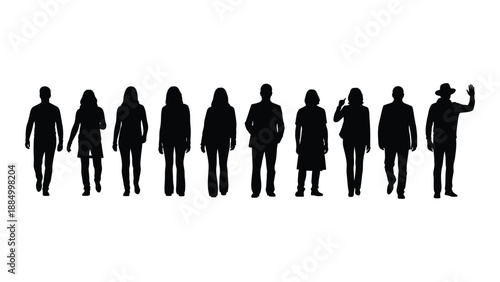 Silhouettes of diverse people walking isolated on white background, Vector