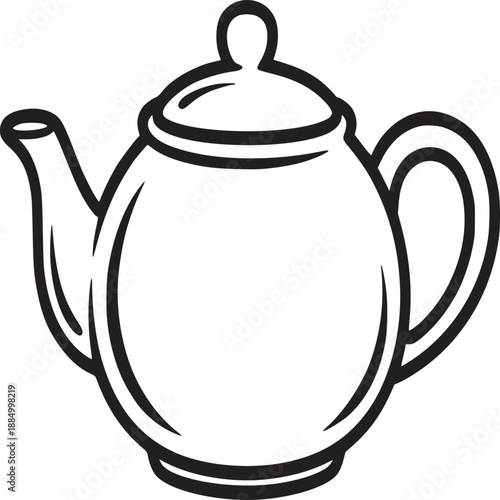 A simple black and white line drawing of a teapot with a lid and a handle on a white background