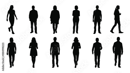 Silhouettes of people walking and standing isolated on white background, Vector